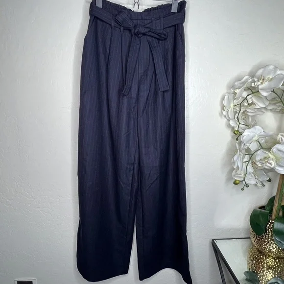 Harlowe & graham blue womens pinstripe belted pants small - Picture 2 of 5